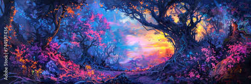 Dive into a mystical twilight forest with vibrant hues and enchanting flora