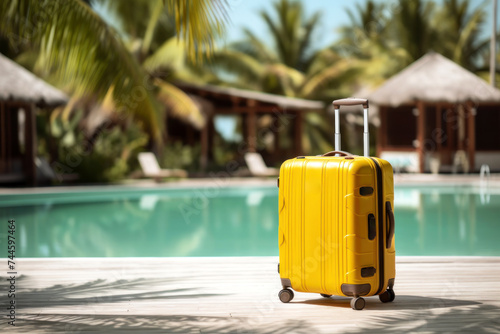 Yellow suitcase ready for a luxurious tropical getaway by the poolside © DP