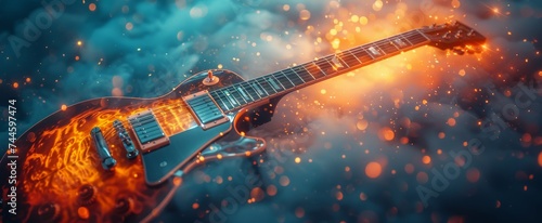 A mesmerizing display of passion and artistry as a guitar ignites with fiery sparks amidst a cloud of smoke, symbolizing the power of music to ignite our souls photo