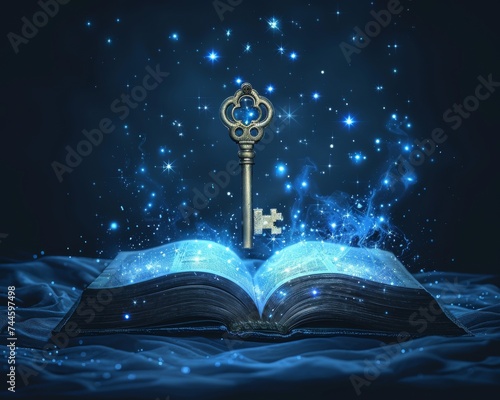 An astral key hovering over an open cosmic book with celestial bodies as the pages photo