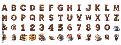 Watercolor coffee bean letters on white background photo