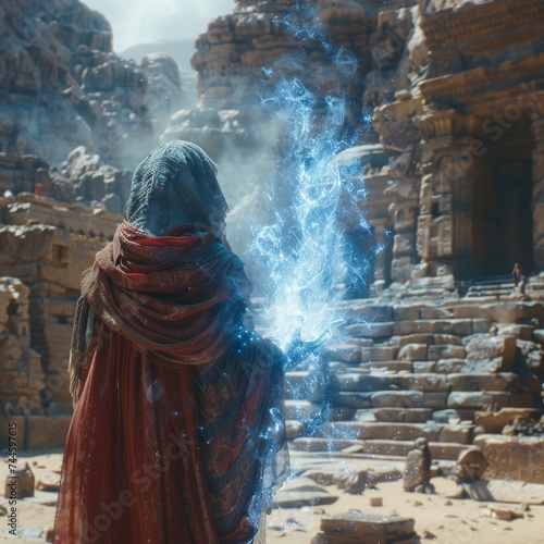 Sorcerer conjuring digital elements showcasing AR magic in ancient ruins photo