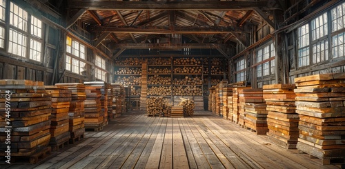 Inside a towering warehouse, rows of wooden shelves stretch towards the ceiling, showcasing an organized inventory of building materials ready to be crafted into beautiful structures