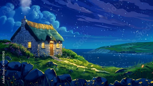 A quaint Irish thatched cottage nestled in the green countryside, views of rolling hills at night. Fantasy landscape anime or cartoon style, seamless looping 4k time-lapse video animation background photo