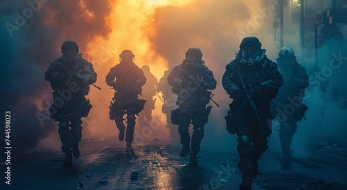 Amidst a chaotic riot, a group of firefighters turned soldiers run through thick smoke with their guns in hand, determined to protect innocent people from the violent fire consuming the outdoor stree photo