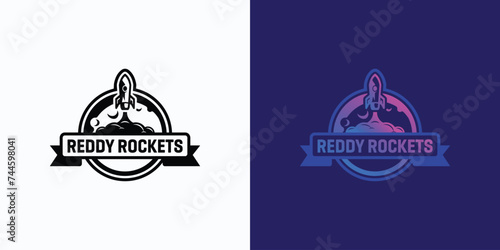 Vector logo design illustration of rocket symbol taking off to outer space planet.