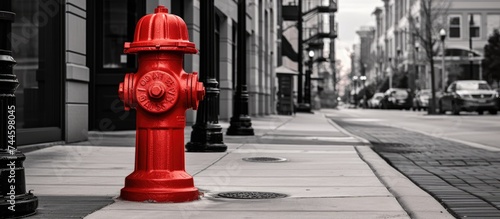 City sidewalk with a red fire hydrant. photo