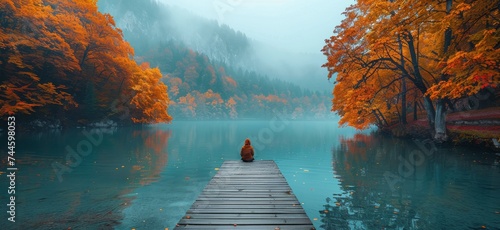 Amidst the serene autumn landscape, a solitary figure sits on the dock, surrounded by the ethereal mist and tranquil waters of the lake, lost in contemplation and the beauty of nature