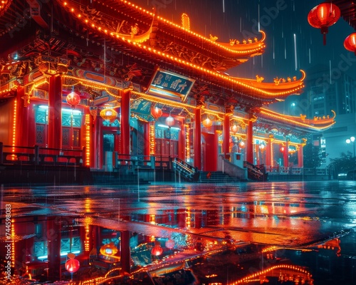 An urban temple with neon lights where old gods meet the digital age in harmony
