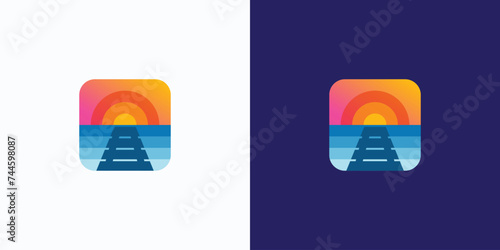 Vector logo design favicon illustration of seaside sunset with pier bridge.