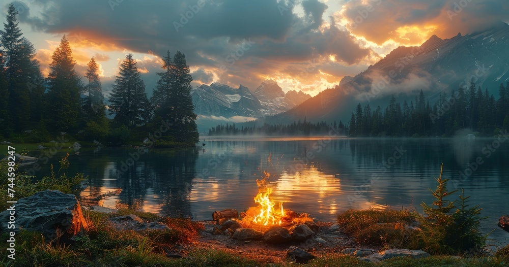 A mesmerizing sunset over the tranquil lake, as the fiery reflection dances on the water's surface, framed by the lush forest and towering mountains, while the heat of the burning sky ignites the clo