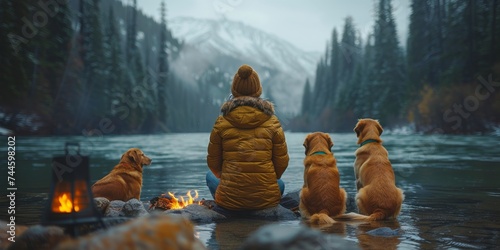 A lone figure finds solace in the serenity of nature, surrounded by loyal companions, as the winter winds whistle through the trees and the tranquil lake reflects the towering mountains in the distan © Larisa AI
