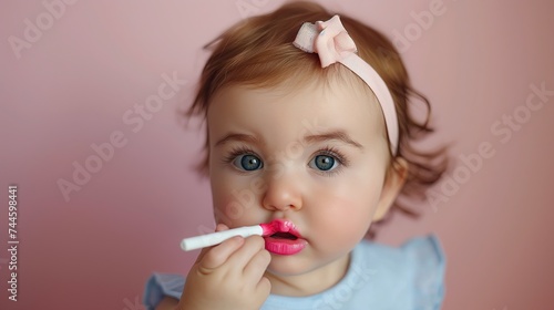 Little girl painting her lips with red lipstick
