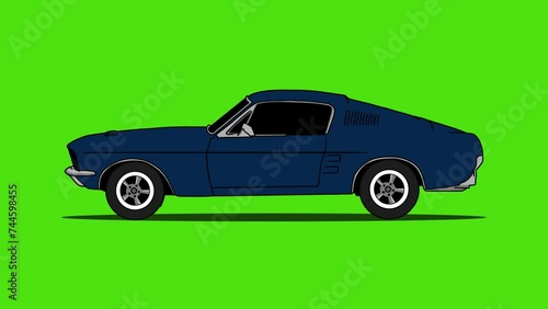 Animation of blue classic car drove forward. side view with green screen background