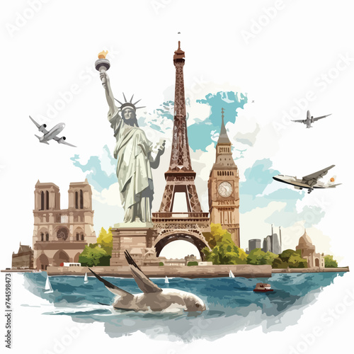 Travel around the world design with set monuments 