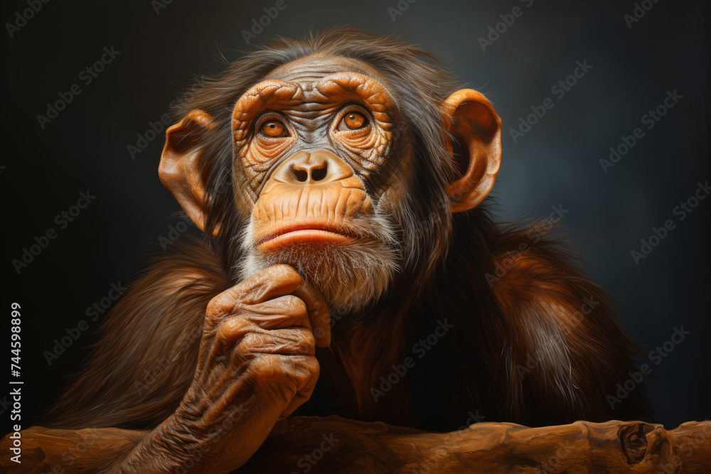 Chimpanzee on a dark background. Portrait of a chimpanzee