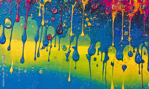 The Colorful World of Abstract Art: Visualizing Emotions through Vibrant Paint Drips Cascading Down a Glossy Surface.