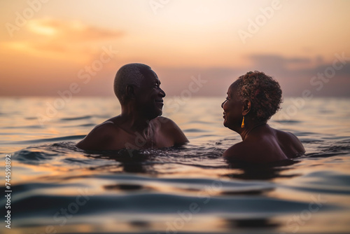 mature couple sharing a joyful moment in the tranquil waters at sunset © DP