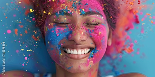 Happy Young Indian woman with colorful Holi powder smiling surrounded by paint particles