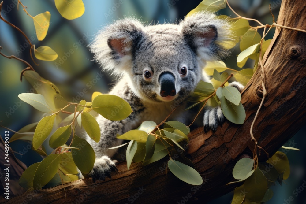 Cute koala with eucalyptus leaves in the forest Cute koala with eucalyptus leaves in the forest