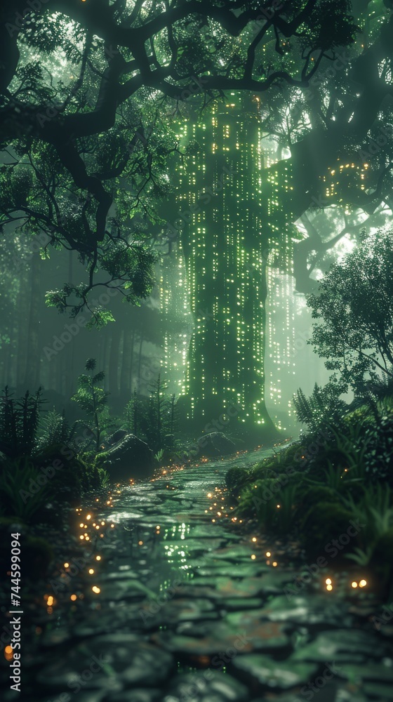 AI interface projecting holograms of ancient trees in a dark enchanted forest