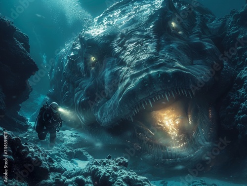 A diver encountering prehistoric sea monsters during a time travel dive in the Mariana Trench photo