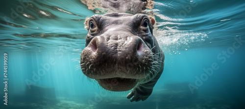 Hippopotamus swimming underwater in the water.