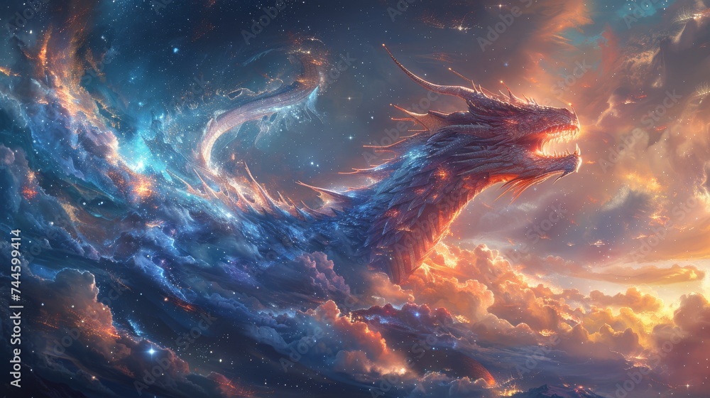 A majestic dragon soaring through a star filled galaxy guiding celestial bodies - obrazy, fototapety, plakaty 
