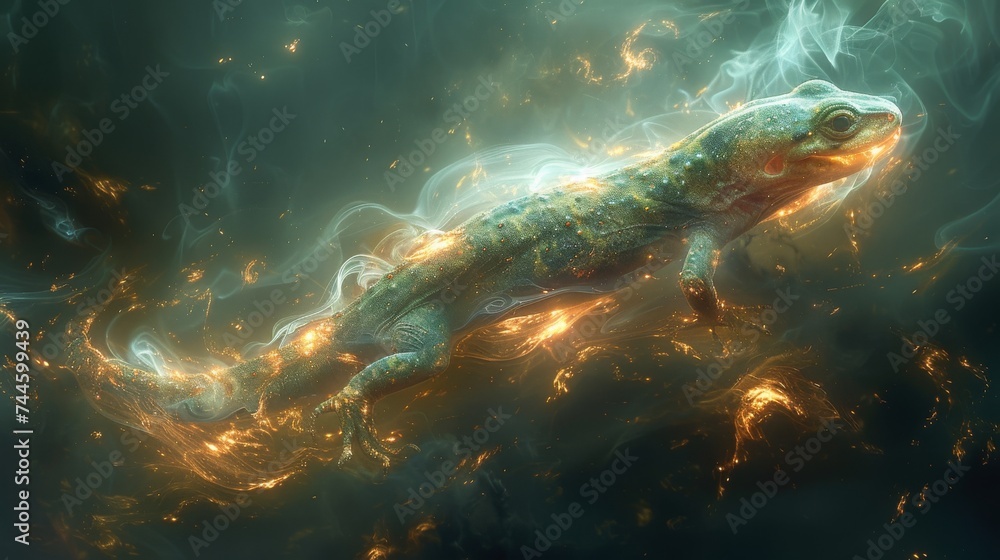 A glowing salamander weaving through an ethereal realm of floating islands and mist A glowing salamander weaving through an ethereal realm of floating islands and mist