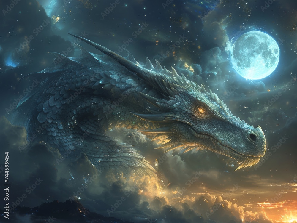 A dragon wrapped around a moon gazing upon an ethereal cosmic journey - obrazy, fototapety, plakaty 