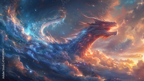A majestic dragon soaring through a star filled galaxy guiding celestial bodies © AlexCaelus