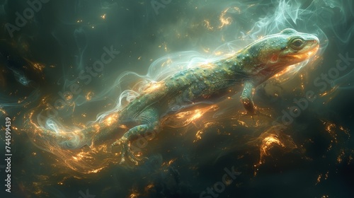 A glowing salamander weaving through an ethereal realm of floating islands and mist