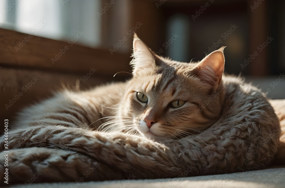 Restful Repose: A Domesticated Cat’s Lazy Afternoon on a Patterned Blanket, generative AI