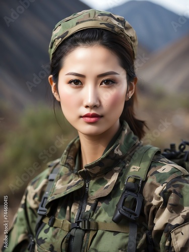 Portrait of a beautiful female chinese soldier wearing camouflage on a base camp background from Generative AI