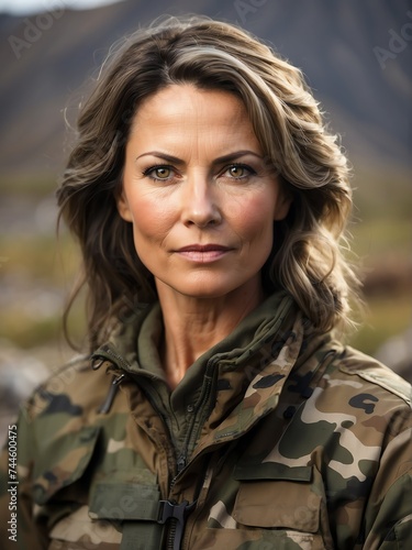 Portrait of a beautiful female middle aged soldier wearing camouflage on a base camp background from Generative AI