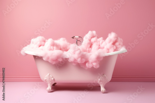 Surreal cotton candy clouds transform a classic bathtub into a dreamy escape