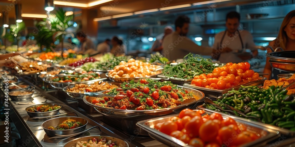 A woman stands in an indoor marketplace, mesmerized by the colorful display of whole foods and natural delicacies from local markets, forming a bountiful buffet of vegetables and diverse food groups 