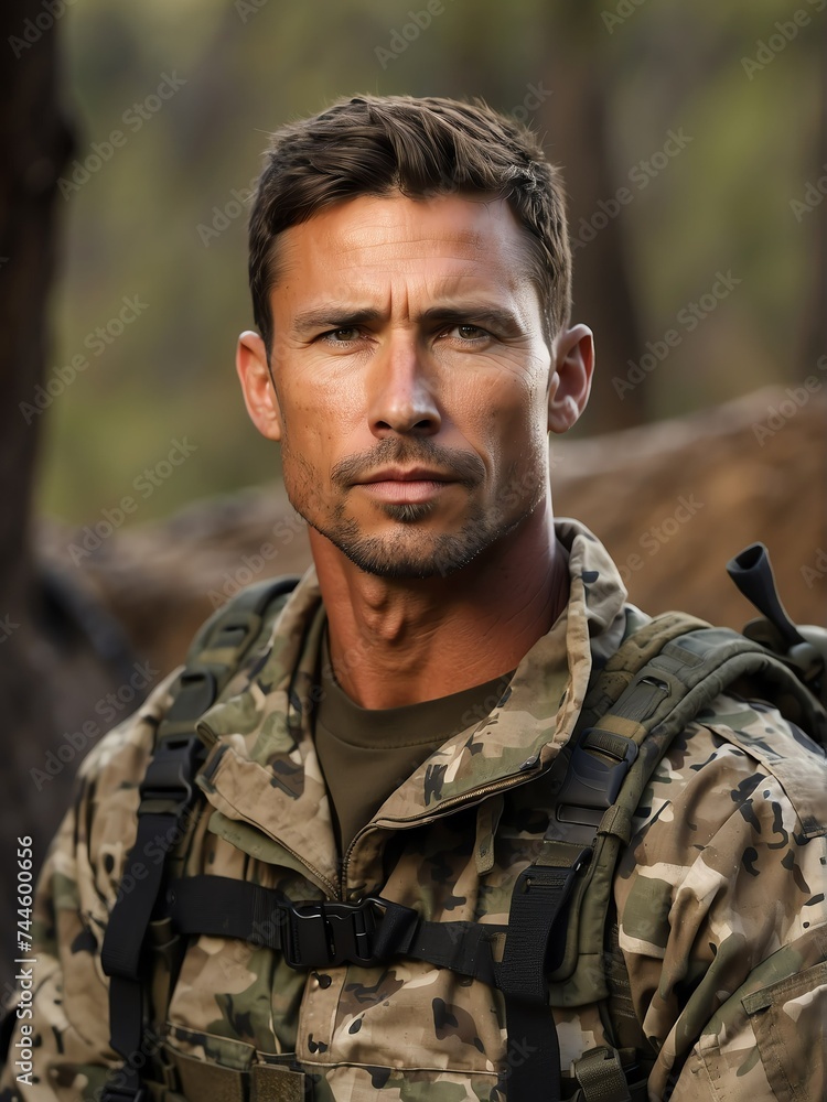 Portrait of a handsome male caucasian soldier wearing camouflage on a base camp background from Generative AI