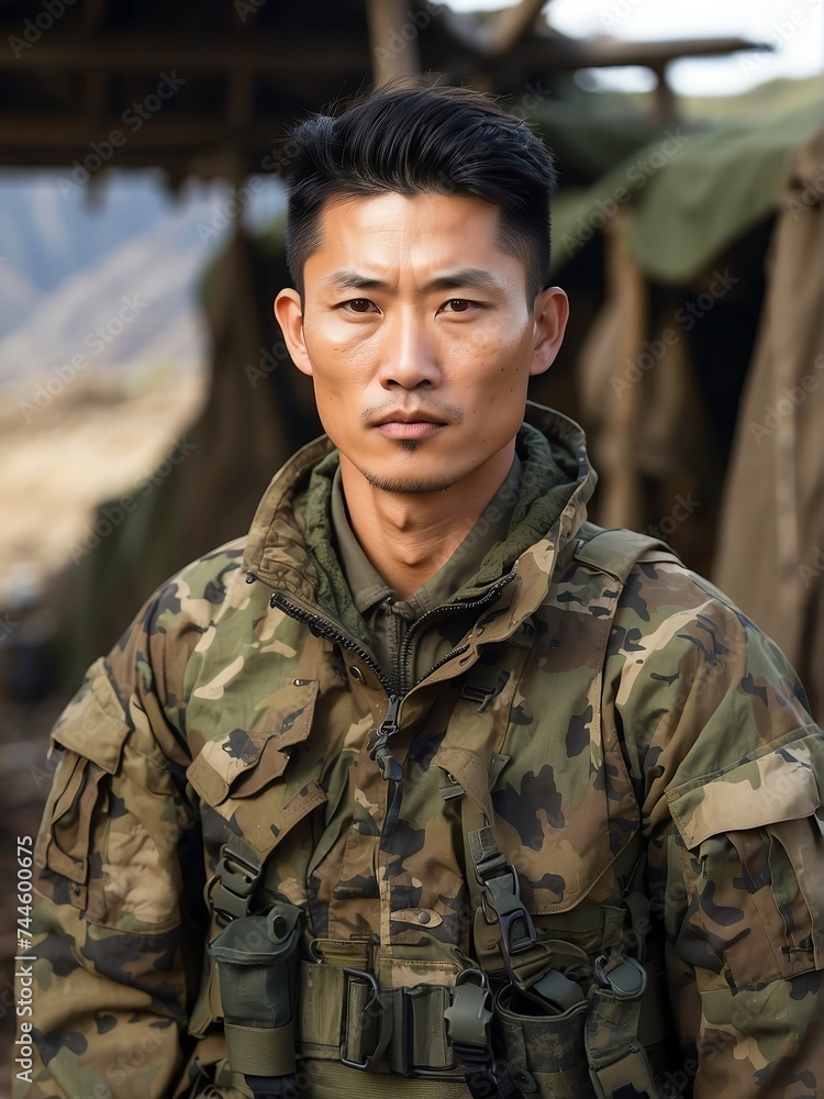 Portrait of a handsome male chinese soldier wearing camouflage on a base camp background from Generative AI