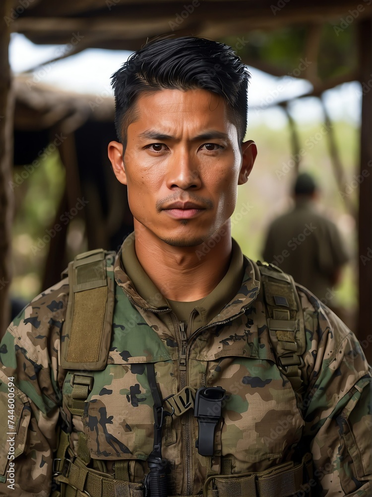 Portrait of a handsome male filipino soldier wearing camouflage on a base camp background from Generative AI