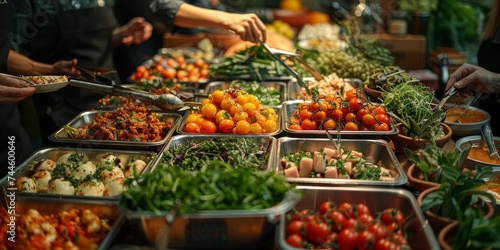 Amidst the bustling marketplace, a colorful display of natural and local whole foods entices a diverse group of people to explore the vegan and vegetarian options at the outdoor buffet table, offerin