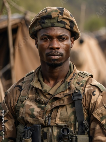 Portrait of a handsome male black african soldier wearing camouflage on a base camp background from Generative AI