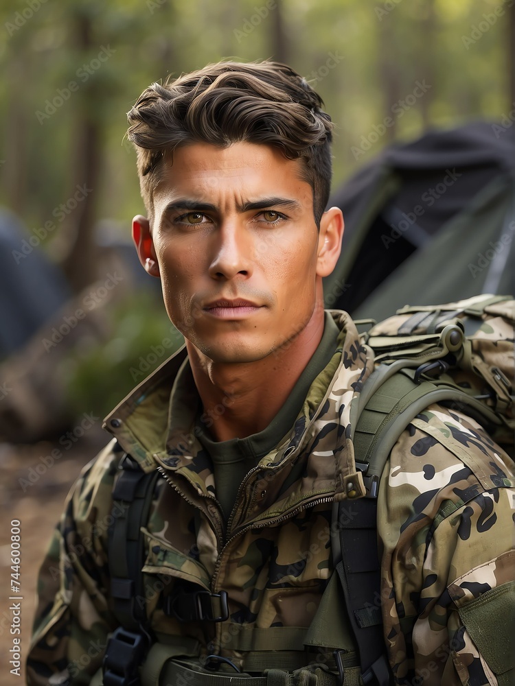 Portrait of a handsome male young soldier wearing camouflage on a base camp background from Generative AI Portrait of a handsome male young soldier wearing camouflage on a base camp background from Generative AI