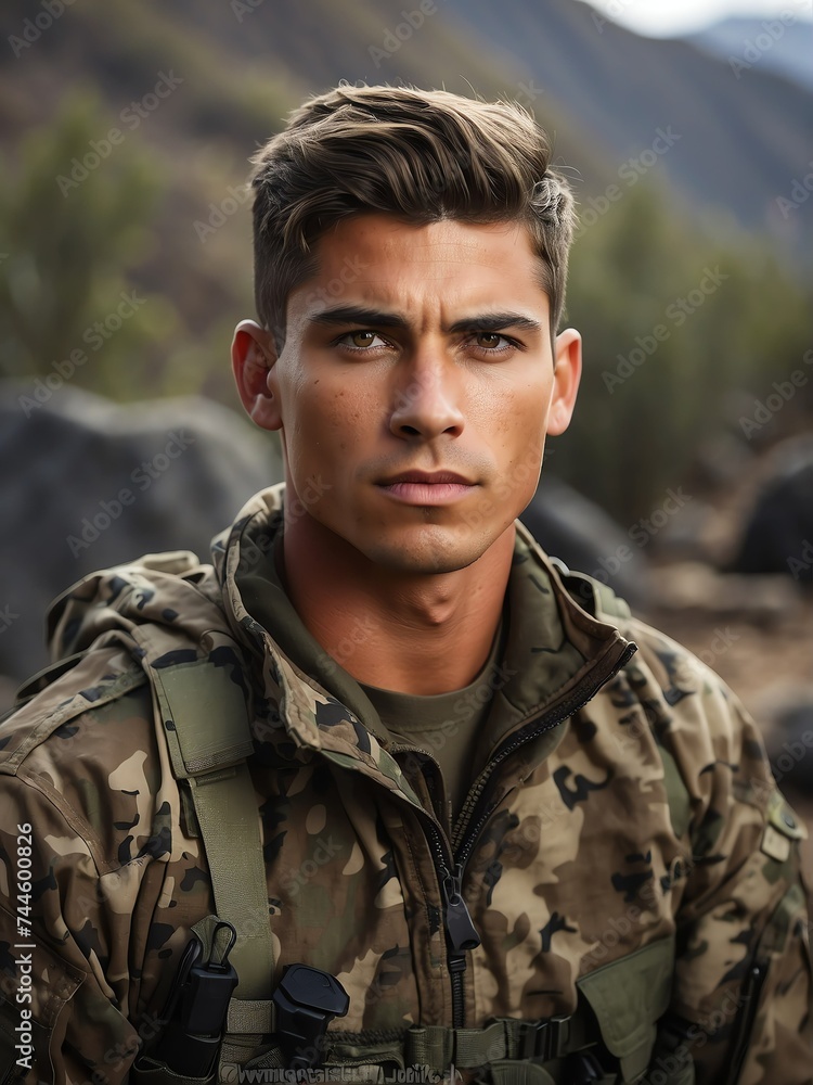 Portrait of a handsome male young soldier wearing camouflage on a base camp background from Generative AI
