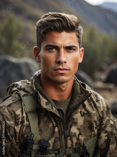 Portrait of a handsome male young soldier wearing camouflage on a base camp background from Generative AI