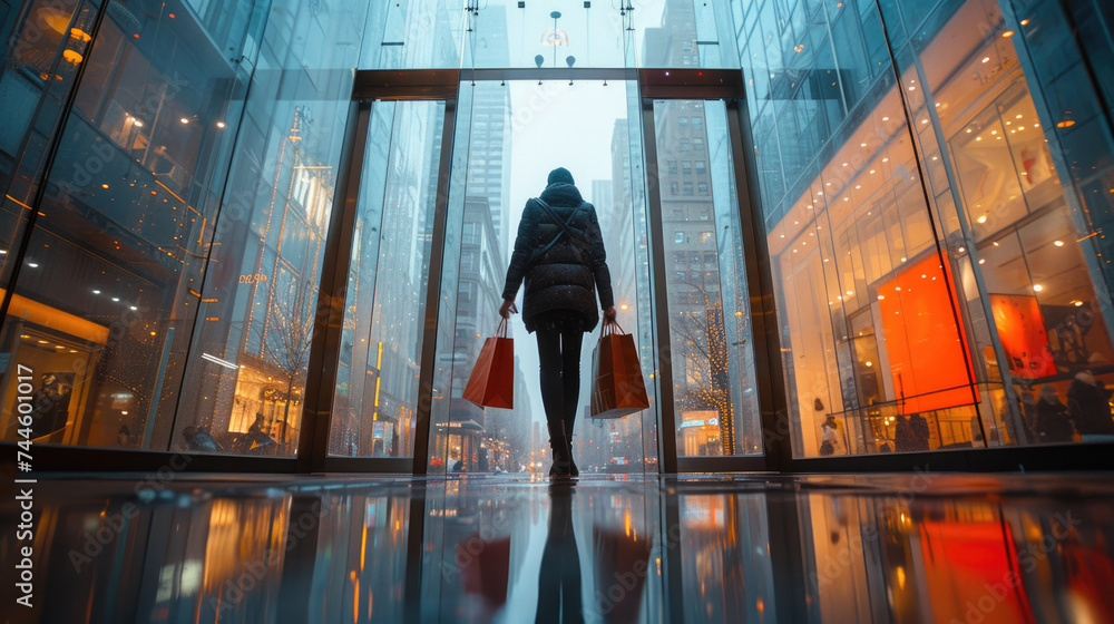 Woman walking automatic glass doors carrying multiple shopping bags urban at shopping mall , seasonal sales or holiday shopping, excitement of fashion, luxury, high-street brands, consumer trends - obrazy, fototapety, plakaty 