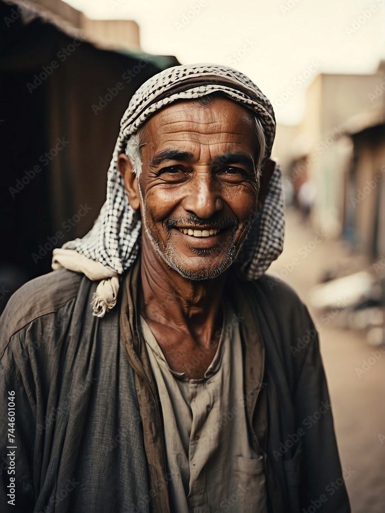Portrait of smiling elderly arab man on poor slums area background from Generative AI