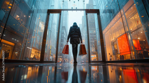 Woman walking automatic glass doors carrying multiple shopping bags urban at shopping mall , seasonal sales or holiday shopping, excitement of fashion, luxury, high-street brands, consumer trends photo