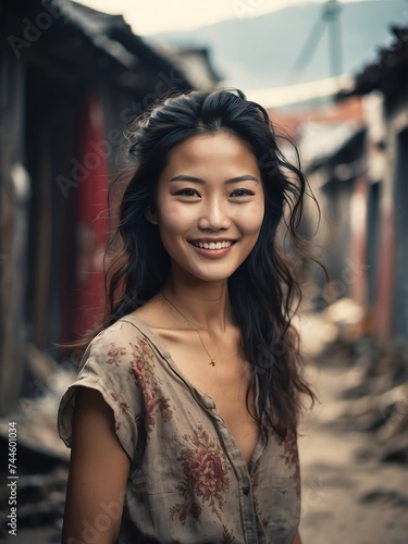 Portrait of smiling chinese woman on poor slums area background from Generative AI