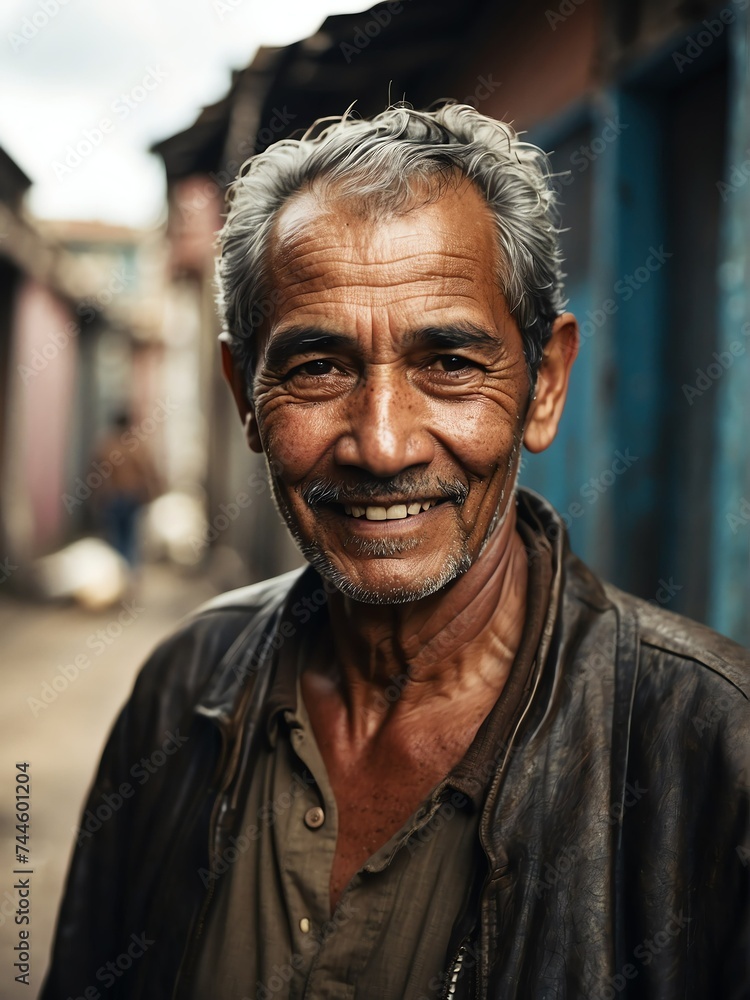Portrait of smiling elderly hispanic man on poor slums area background from Generative AI